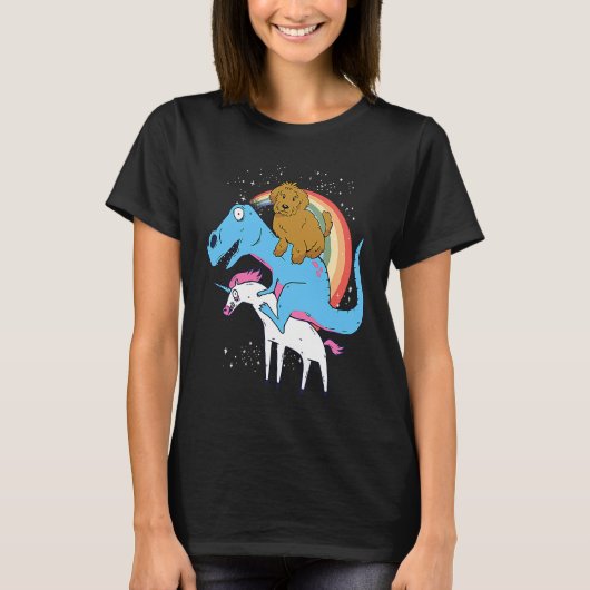Goldendoodle Dinosaur Riding Unicorn Kids Men Rain Tシャツ (正面)