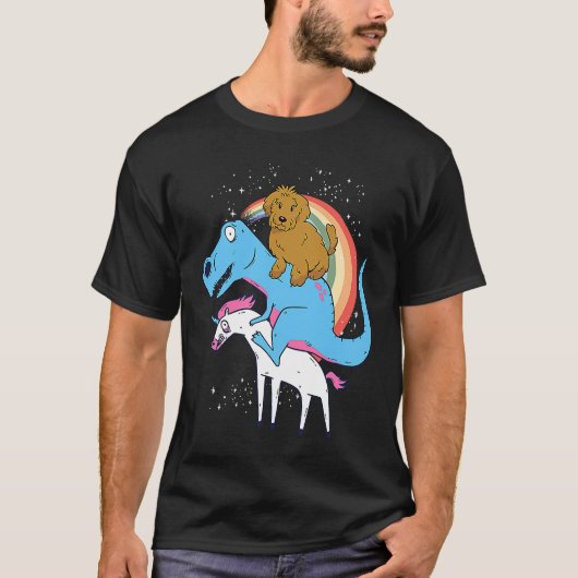 Goldendoodle Dinosaur Riding Unicorn Kids Men Rain Tシャツ (正面)