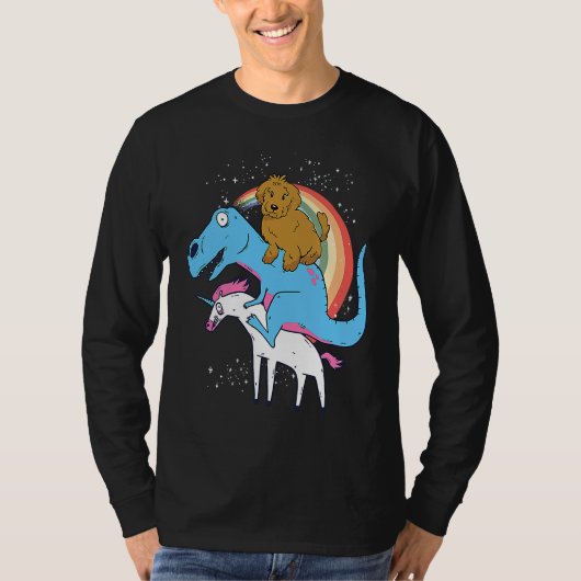 Goldendoodle Dinosaur Riding Unicorn Kids Men Rain Tシャツ (正面)