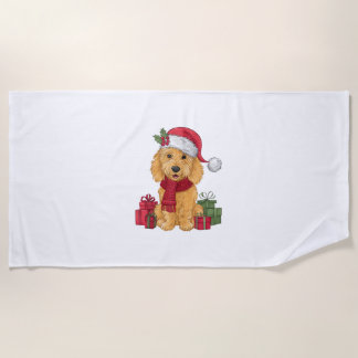 Goldendoodle Dog Christmas Outfits Santa Hat Dog X ビーチタオル