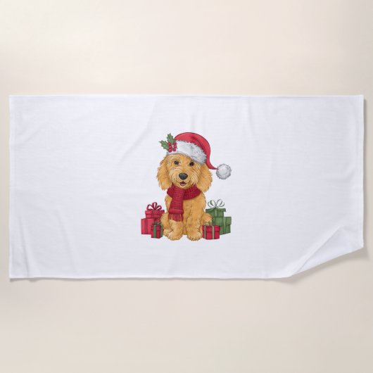 Goldendoodle Dog Christmas Outfits Santa Hat Dog X ビーチタオル (正面)