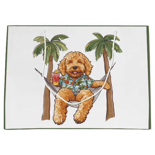 Goldendoodle Dog In Hawaiian Top ラージペーパーバッグ (正面)