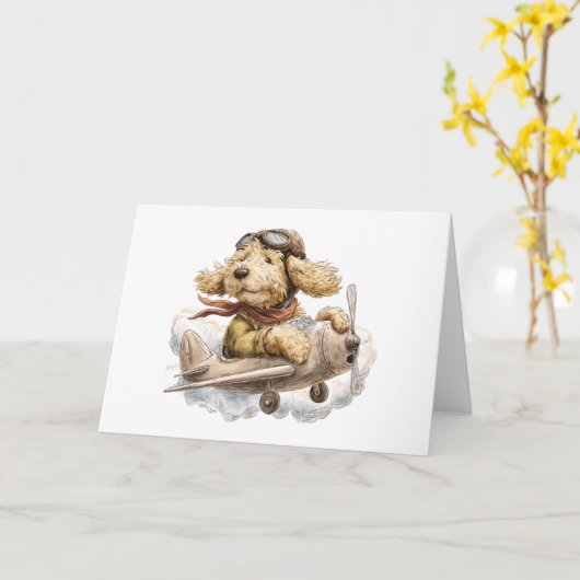 Goldendoodle Dog Pilot Airplane カード (黄色い花)