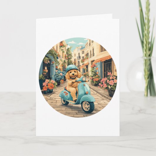 Goldendoodle Dog Riding Scooter European Streets カード (正面)
