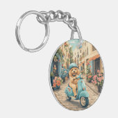 Goldendoodle Dog Riding Scooter European Streets キーホルダー (正面左)