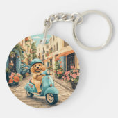Goldendoodle Dog Riding Scooter European Streets キーホルダー (裏面)