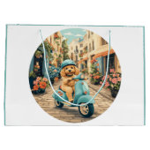 Goldendoodle Dog Riding Scooter European Streets ラージペーパーバッグ (裏面)