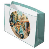 Goldendoodle Dog Riding Scooter European Streets ラージペーパーバッグ (裏面アングル)