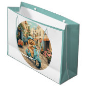 Goldendoodle Dog Riding Scooter European Streets ラージペーパーバッグ (正面アングル)