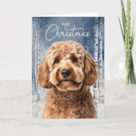 Goldendoodle Dog Snowy Winter Forest Christmas シーズンカード