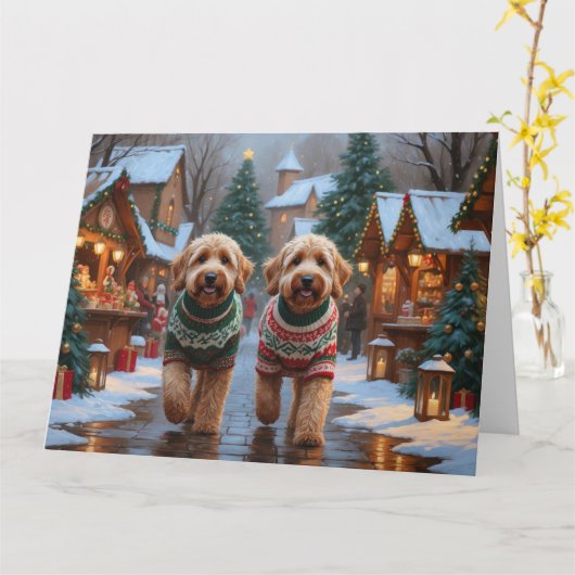 Goldendoodle Dogs Christmas Snow Holiday カード (黄色い花)
