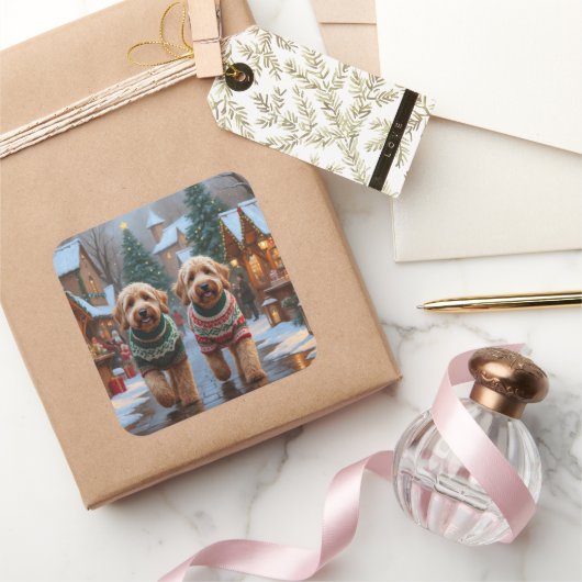 Goldendoodle Dogs Christmas Snow Holiday スクエアシール (ギフト)