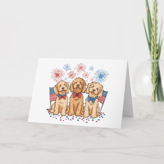 Goldendoodle Dogs Fireworks 7月4日 サンキューカード (正面)