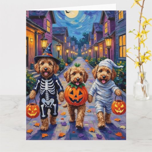 Goldendoodle Trick-or-Treating Halloween Costumes カード (黄色い花)