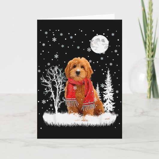 Goldendoodle Under Moonlight Snow Christmas Pajama カード (正面)
