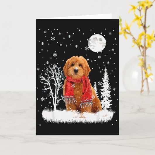 Goldendoodle Under Moonlight Snow Christmas Pajama カード (黄色い花)