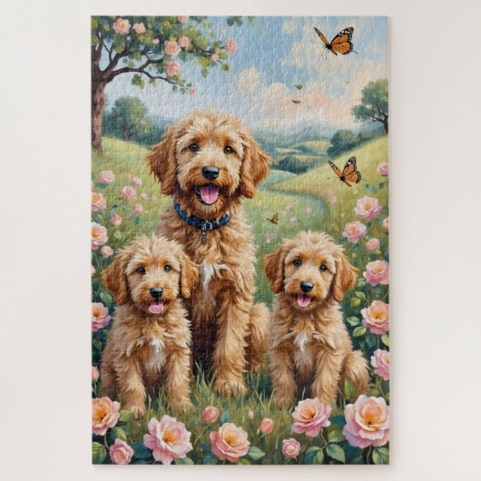 Goldendoodle Wild Rose Meadow Art ジグソーパズル (縦)