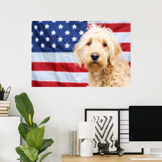 Goldendoodle With American Flag ポスター (ホームオフィス)
