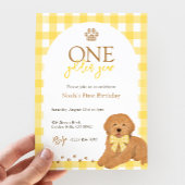Goldendoodle Yellow Gingham First Birthday 招待状