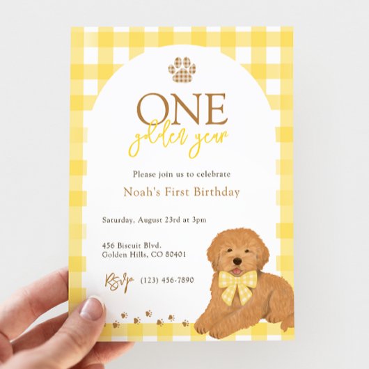Goldendoodle Yellow Gingham First Birthday 招待状