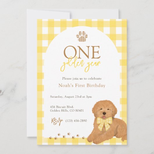Goldendoodle Yellow Gingham First Birthday 招待状 (正面)
