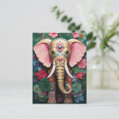goldener Elefant mit bunten Blumen ポストカード (スタンド正面)