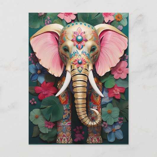 goldener Elefant mit bunten Blumen ポストカード (正面)