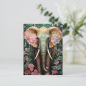 goldener Elefant mit bunten Blumen ポストカード (スタンド正面)
