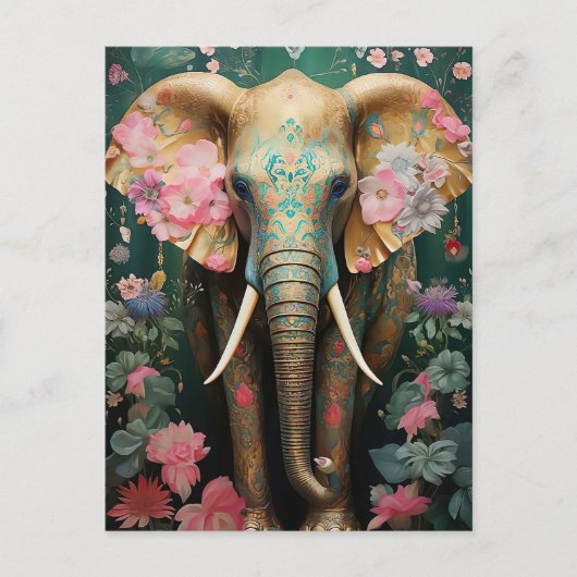 goldener Elefant mit bunten Blumen ポストカード (正面)