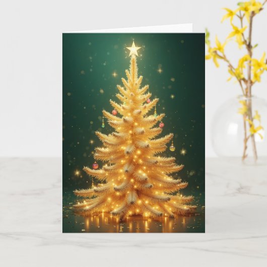 Goldener Weihnachtsbaum mit Ornamenten カード (黄色い花)