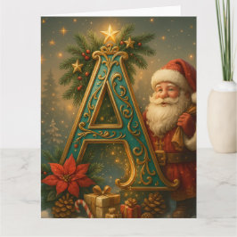  Goldenes Initial A mit Weihnachtsmann und Krone  カード