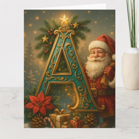 Goldenes Initial A mit Weihnachtsmann und Krone カード (正面)