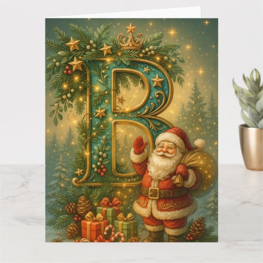 Goldenes Initial B mit Weihnachtsmann und Krone カード (小さな植物)