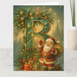 Goldenes Initial B mit Weihnachtsmann und Krone カード