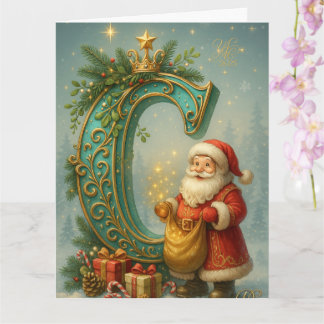 Goldenes Initial C mit Weihnachtsmann und Krone カード