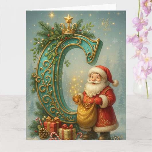 Goldenes Initial C mit Weihnachtsmann und Krone カード (蘭)