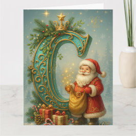 Goldenes Initial C mit Weihnachtsmann und Krone カード