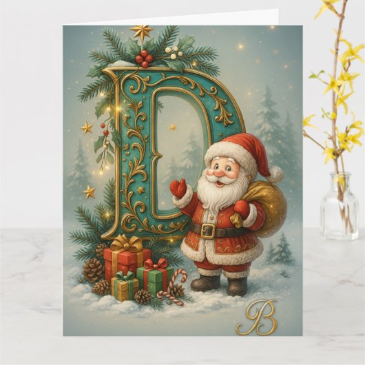Goldenes Initial D mit Weihnachtsmann und Krone  カード (黄色い花)