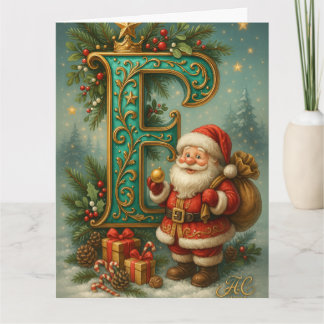 Goldenes Initial E mit Weihnachtsmann und Krone カード
