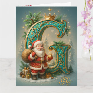 Goldenes Initial G mit Weihnachtsmann und Krone カード