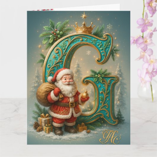  Goldenes Initial  G mit Weihnachtsmann und Krone カード (蘭)