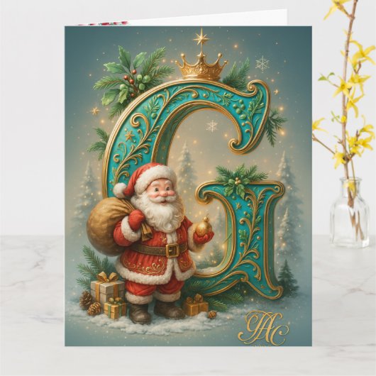  Goldenes Initial  G mit Weihnachtsmann und Krone カード (黄色い花)