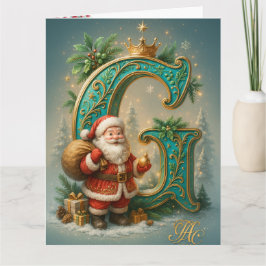  Goldenes Initial  G mit Weihnachtsmann und Krone カード