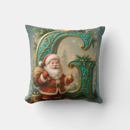  Goldenes Initial  G mit Weihnachtsmann und Krone クッション (正面)