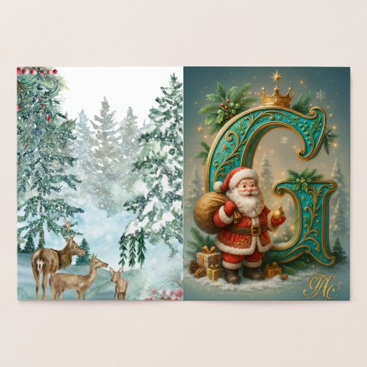  Goldenes Initial  G mit Weihnachtsmann und Krone 箔カード (内部)