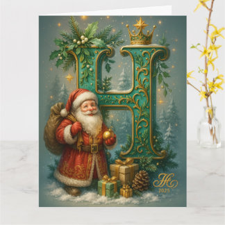  Goldenes Initial H  mit Weihnachtsmann und Krone  カード