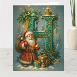  Goldenes Initial H  mit Weihnachtsmann und Krone  カード