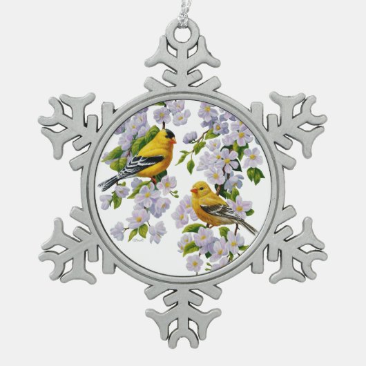 Goldfinch Birds & Flowers U-Pick背景色 スノーフレークピューターオーナメント (正面)