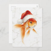 Goldfish in Santa Hat Watercolor Xmas シーズンポストカード (正面/裏面)