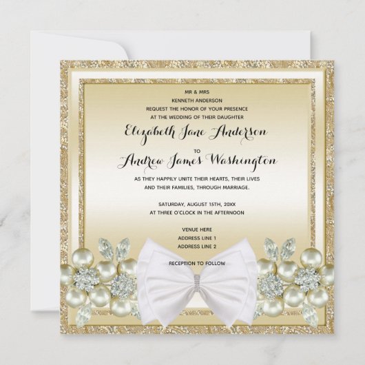 GoldSequins及び花の宝石のグリッターの弓結婚式 招待状 (裏面)